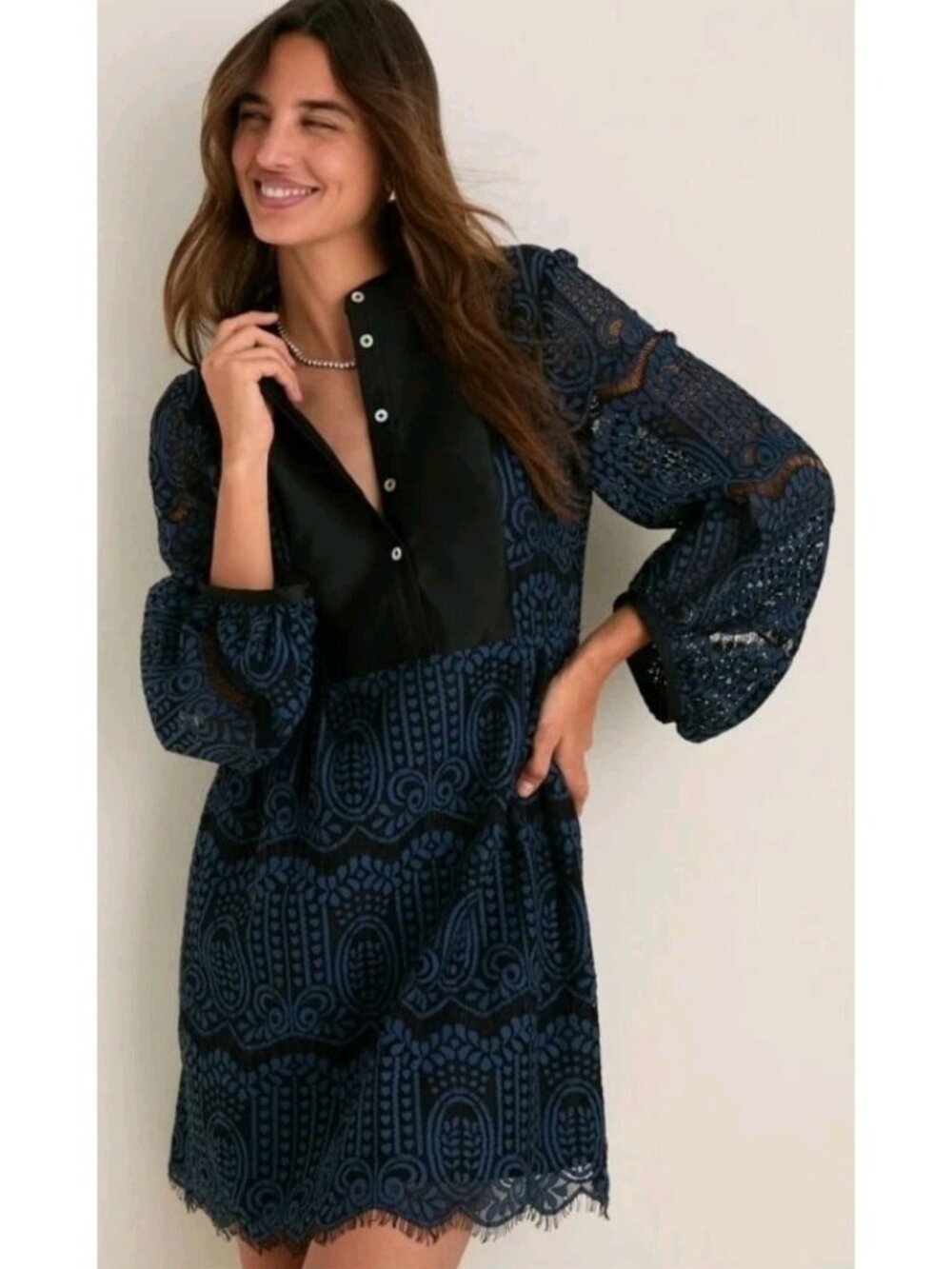 Tuckernuck Calliope Mini Dress Womens S Navy Lace NWT Balloon Sleeve $198